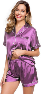 LecGee Womens Silk Satin Pajamas Short Sleeve Loungewear Two-Piece Sleepwear Button-Down Pj Set