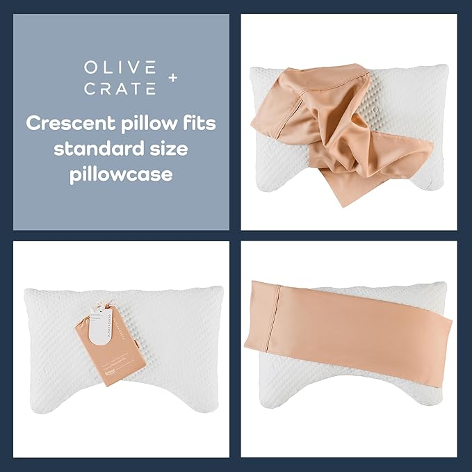 Olive + Crate BreathePure™ Adjustable Cooling Shredded Memory Foam Pillow - Breathable Bamboo Viscose Cover for Temperature Control - Crescent Gel Pillows for Side Sleepers - Queen Size