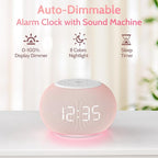 Reacher Auto Dimmable Sound Machine Alarm Clock with Night Lights, 20 Soothing Sounds, Sleep Timer, Precise Volume Control, Cute White Noise Soother for Girls, Kids, Bedrooms, Office