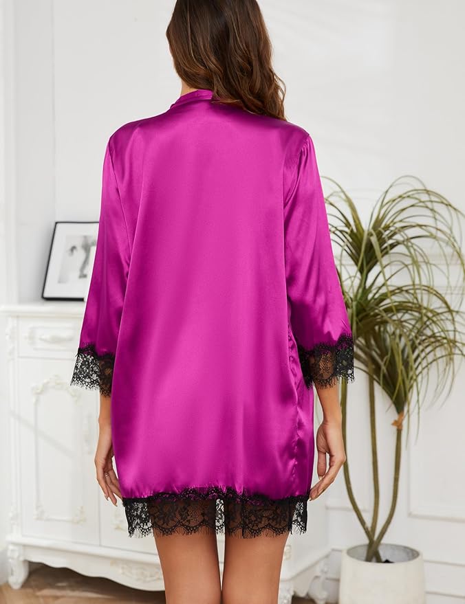Womens 4 Pcs Lingeries Silk Pajamas Robes Set Sexy Pjs Cami Shorts Satin Sleepwear Lace Loungewear