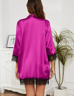 Womens 4 Pcs Lingeries Silk Pajamas Robes Set Sexy Pjs Cami Shorts Satin Sleepwear Lace Loungewear