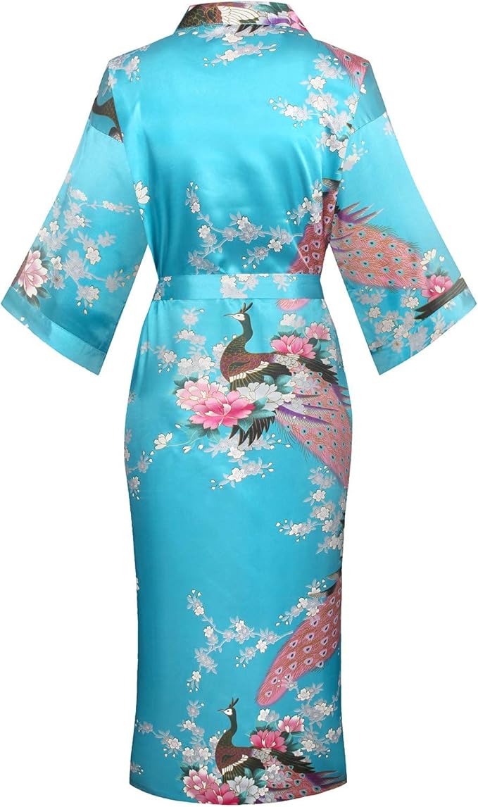 Valennia Women Long Silky Bathrobe Satin Kimono Robe Floral Printed Dressing Gown Sleepwear