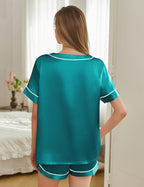 Silk Pajamas for Women Short Sleeve Satin 2 Piece Pj Set Soft V Neck Sleepwear Loungewear, S-XXL