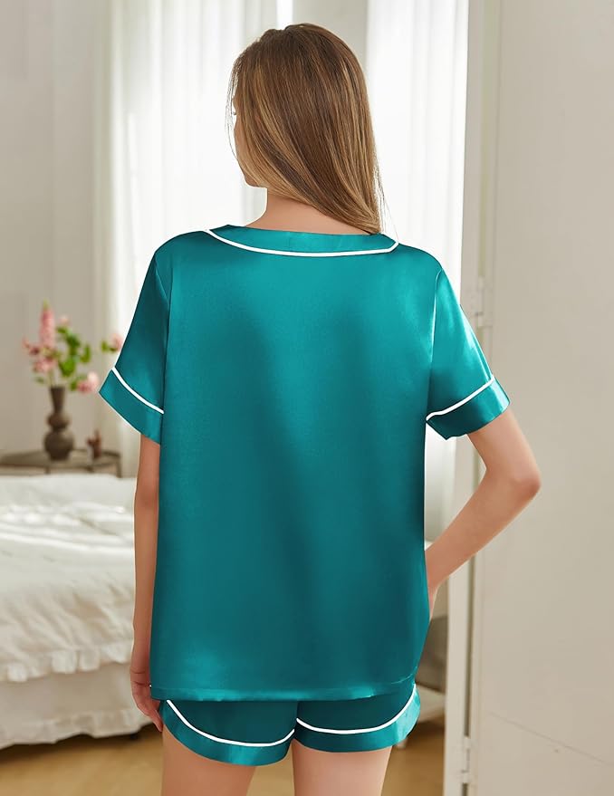 Silk Pajamas for Women Short Sleeve Satin 2 Piece Pj Set Soft V Neck Sleepwear Loungewear, S-XXL