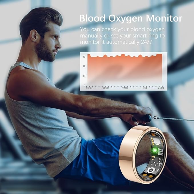 Ring Health Tracker for Women Men, Fitness Ring with Heart Rate,Blood Oxygen,Sleep Monitor,Calories, Step Counter, IP68 Waterproof Smart Ring for iPhone & Android, No Subscription Fee (Rose Gold, 8#)