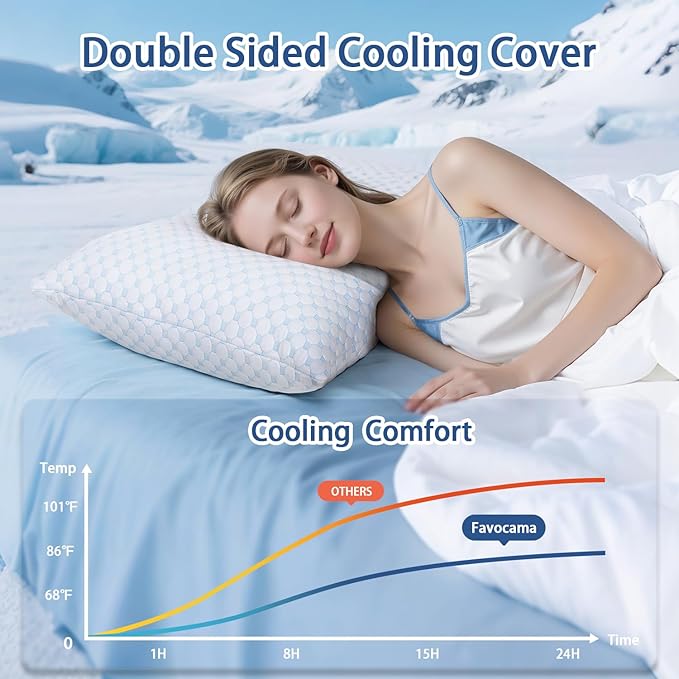 Favocama Cooling Pillow for Sleeping, Shredded Memory Foam Pillows Standard Size Set of 2, Double Sided Cooling Bed Pillows for Hot Sleepers, Side Back and Stomach Sleepers