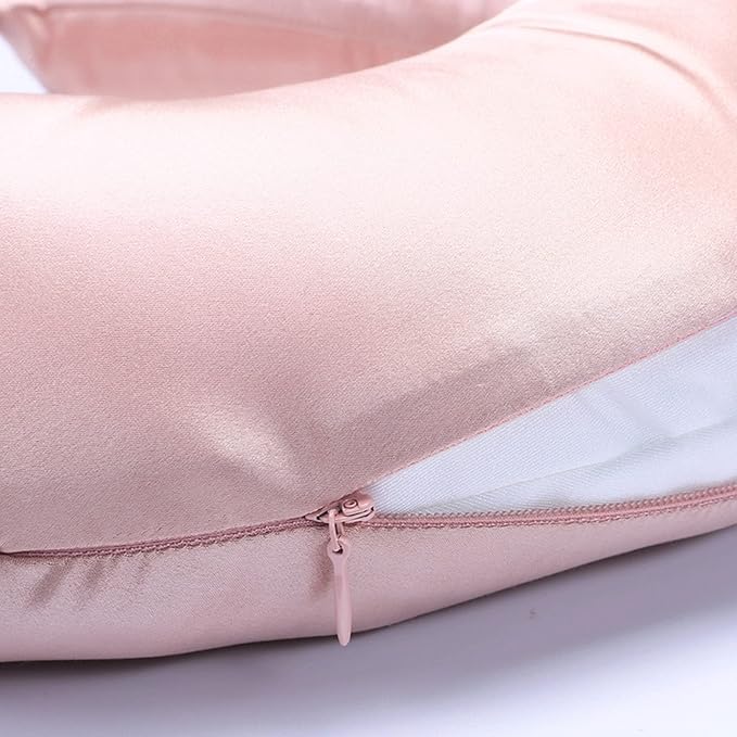 [Upgraded Softness] 100% Mulberry Silk Neck Pillow for Travel 22 Momme Real Silk Travel Pillow for Pain Relief Sleeping, Organic Silk Airplane Pillow, Anti Wrinkle Travel Pillow Made in USA (Pink)