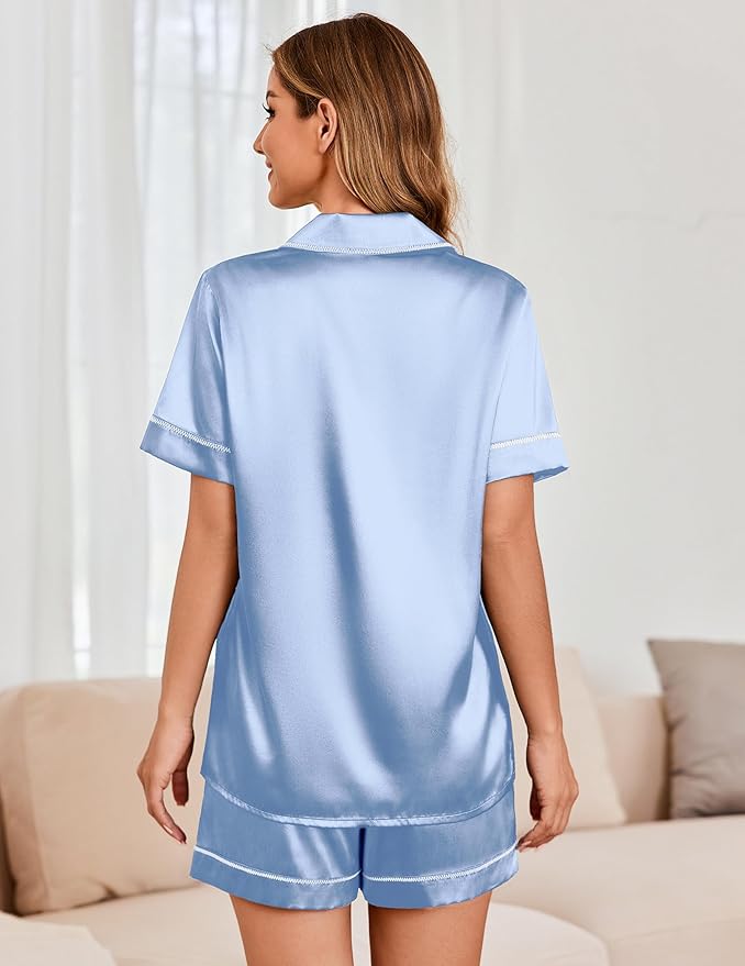 Ekouaer Womens Satin Silk Pajamas Set Short Sleeve Sleepwear Button Down Top and Shorts Loungewear 2 Piece Pjs Set S-XXL