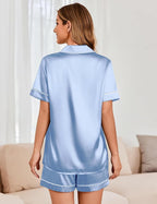 Ekouaer Womens Satin Silk Pajamas Set Short Sleeve Sleepwear Button Down Top and Shorts Loungewear 2 Piece Pjs Set S-XXL