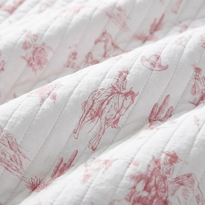 Rod's True Western Dusty Rose Cowgirl King Quilt, Reversible Pink and White Western Toile Bedding, Lightweight 100% Cotton Bedspread, 106x92 Inch