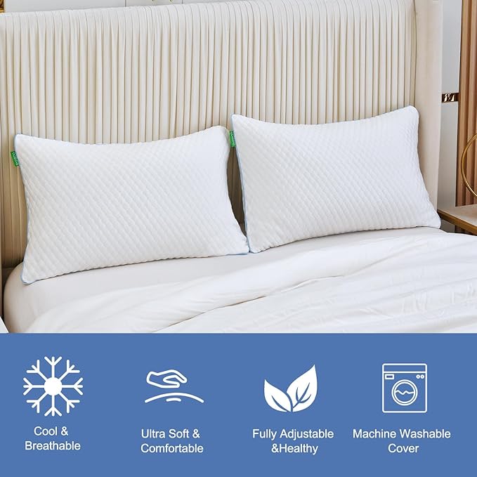 Shredded Memory Foam Pillows for Sleeping 2 Pack - Cooling Bed Pillows Standard Size Set of 2 - Firm Pillow for Side and Back Sleepers Adjustable Gel Pillow with Removable Cover