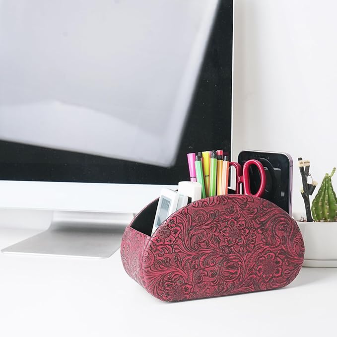 QIELIZI Remote Control Holder, PU Leather Remote Caddy Desktop Organizer with 5 Spacious Compartments for TV Remotes/Media Controllers/Office Supplies (1-Carved3 Red