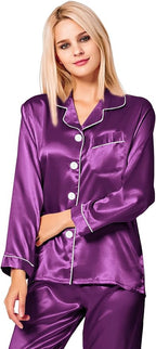 SWOMOG Womens Silk Satin Pajamas Set Long Sleeve Button Down Sleepwear 2 Piece Lounge Set Pj Set XS-3XL
