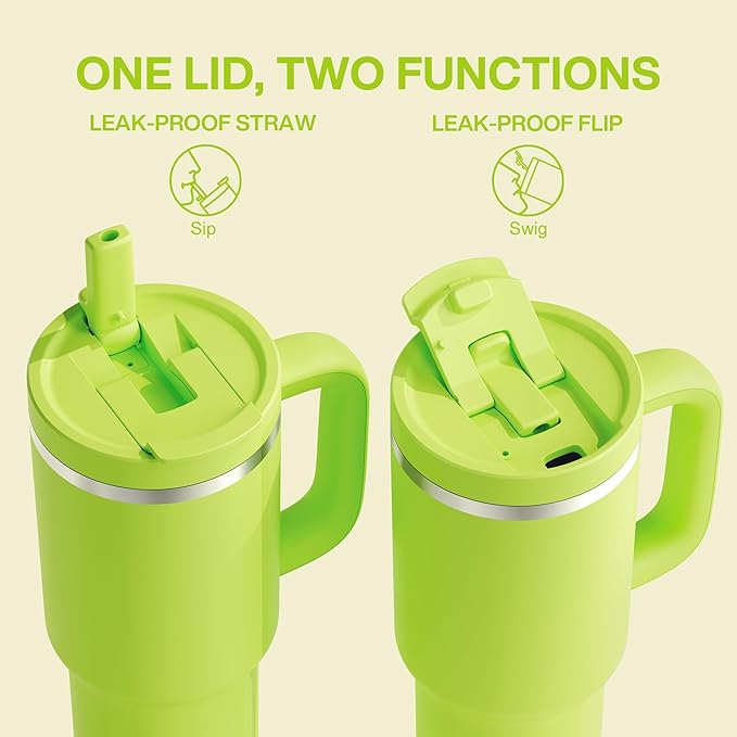 ENCOOL 40 oz Tumbler with Handle and Straw: Stainless Steel Insulated Tumbler Keeps Cold for 24 Hours, Leakproof Travel Cup Fits in Cup Holder and BPA-Free,Sharp Green