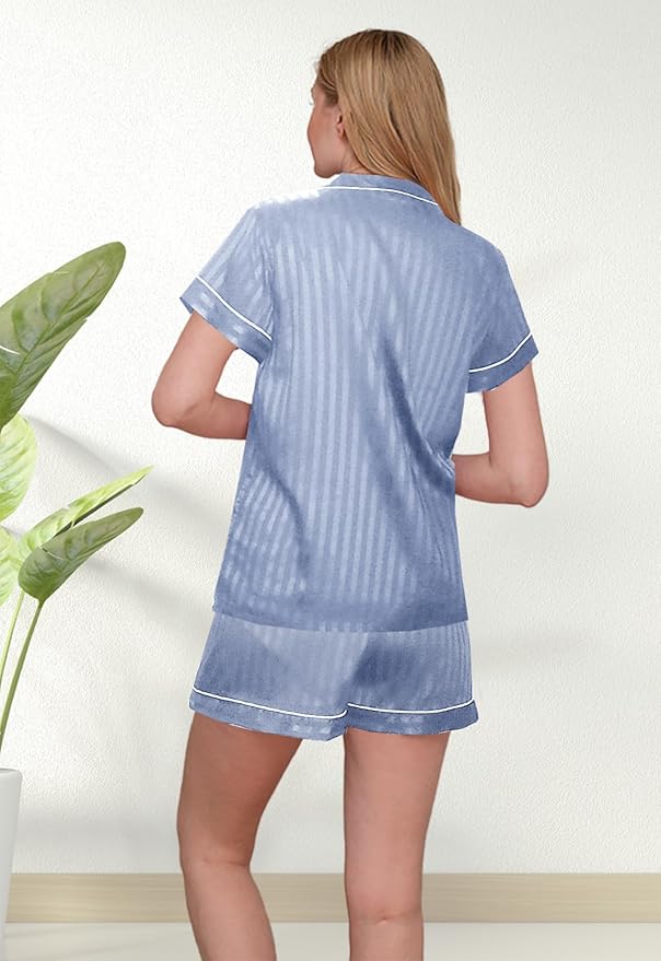 WJing Yi Jia Womens Silk Satin Pajamas Loungewear Two-Piece Sleepwear Button-Down Floral Pj Set XS-4XL