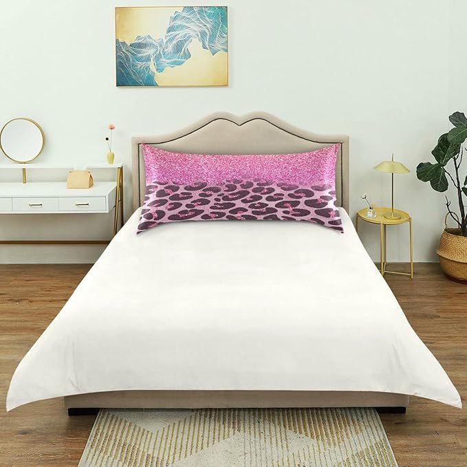 Satin Pillowcase for Hair and Skin, Pink Glitters Leopard Prints Silk Pillowcase Soft and Cozy Body Pillow Covers, Standard Size Satin Pillow Cases with Envelope Closure(20x26 Inch), 1PC