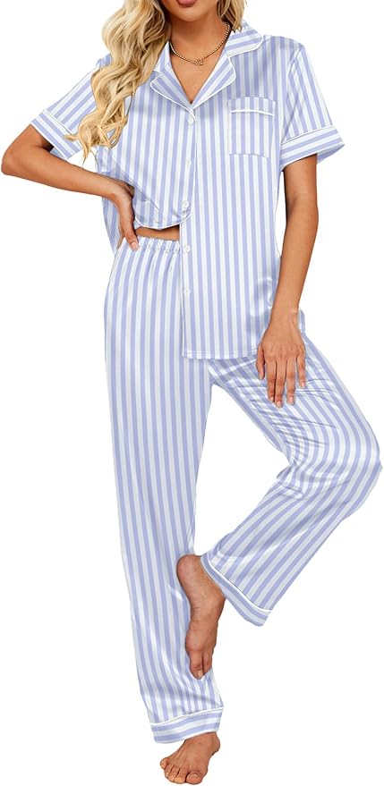 Ekouaer Silk Satin Pajamas Set Women Short Sleeve Sleepwear Soft Button Down Loungewear Pjs Set
