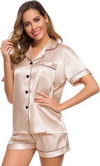 SWOMOG Womens Silk Satin Pajamas Set Short Sleeve Sleepwear Button Down Top and Shorts Loungewear 2 Piece Pjs Set XS-3XL