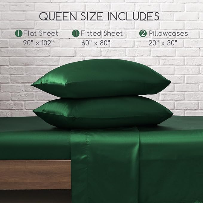 MR&HM Satin Bed Sheets, Queen Size Sheets Set, 4 Pcs Silky Bedding Set with 15 Inches Deep Pocket for Mattress (Queen, Dark Green)