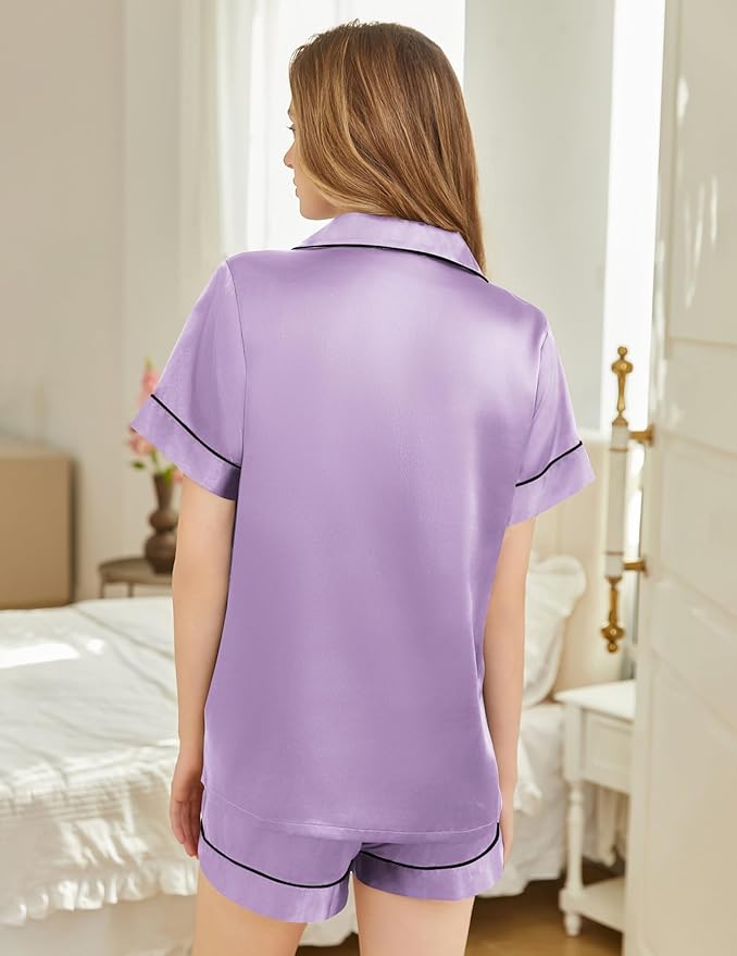 Silk Pajamas for Women Short Sleeve Sleepwear Soft Button Down Loungewear 2 Piece Satin Pjs Shorts Set S-XXL