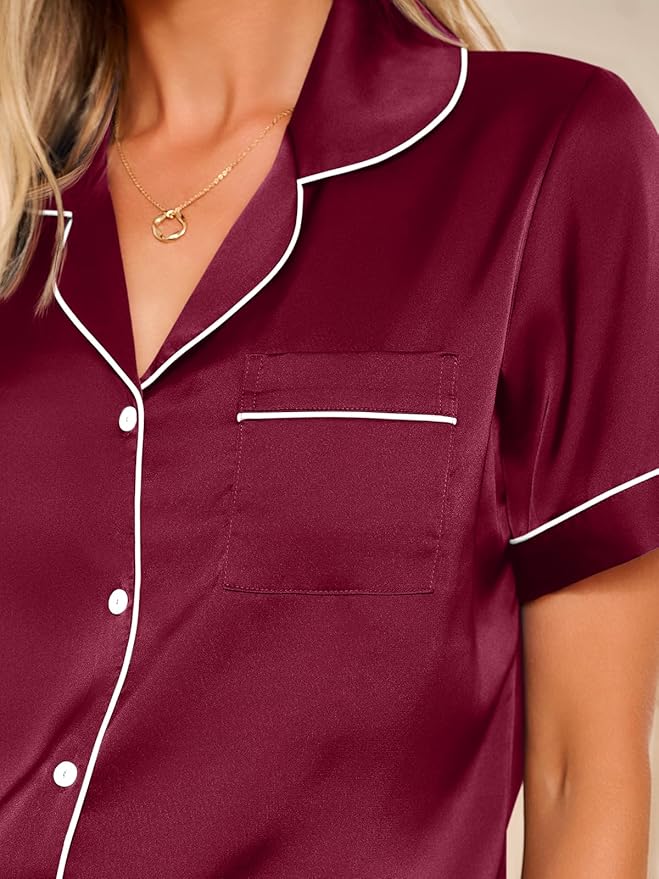 LILLUSORY Silk Satin Pajama Set for Women 2 Piece Lounge Pjs Winter Matching Summer Sleepwear Button Down Shirt Shorts
