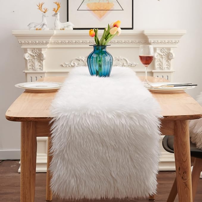 Table Runner, Thanksgiving Modern Small White Fur Table Runners for Party Birthday Christmas Friendsgiving Wedding Dinning Table, Decorative Rug Luxury Faux Fur Runner for Table(11.8x47.2inch)