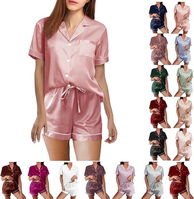 WJing Yi Jia Womens Silk Satin Pajamas Loungewear Two-Piece Sleepwear Button-Down Floral Pj Set XS-4XL