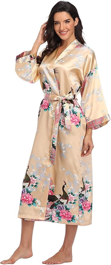 Valennia Women Long Silky Bathrobe Satin Kimono Robe Floral Printed Dressing Gown Sleepwear