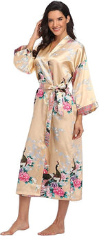 Valennia Women Long Silky Bathrobe Satin Kimono Robe Floral Printed Dressing Gown Sleepwear