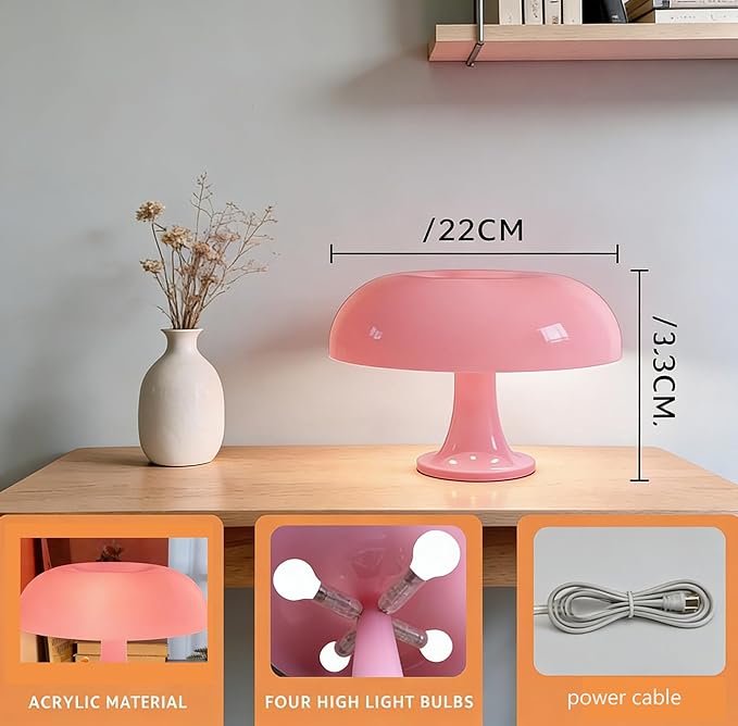 25W Pink Mushroom Lamp, LED Retro Table Lamp with 3 Color Temperatures and 4 Bulbs, Mid Century Modern Nightstand Light for Bedroom, Living Room, Office Aesthetic Decor, US Plug Powered, E14 Sockets