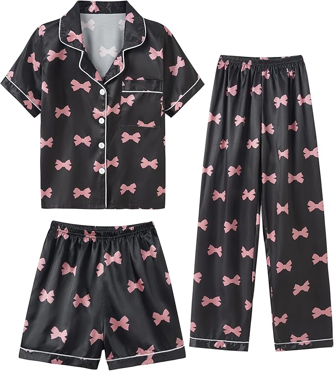 Hupohoi Unisex Girls Boys Kids Pajama Sets Button Down Satin Sleepwear Nighty 3PCS Silky Lounge Sets Nightwear