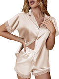 Ekouaer Womens Lace Satin Pajama Set Button Down Pj Shorts Set Bridesmaids Getting Ready Outfits Casual Sleepwear XS-XXL
