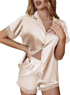 Ekouaer Womens Lace Satin Pajama Set Button Down Pj Shorts Set Bridesmaids Getting Ready Outfits Casual Sleepwear XS-XXL