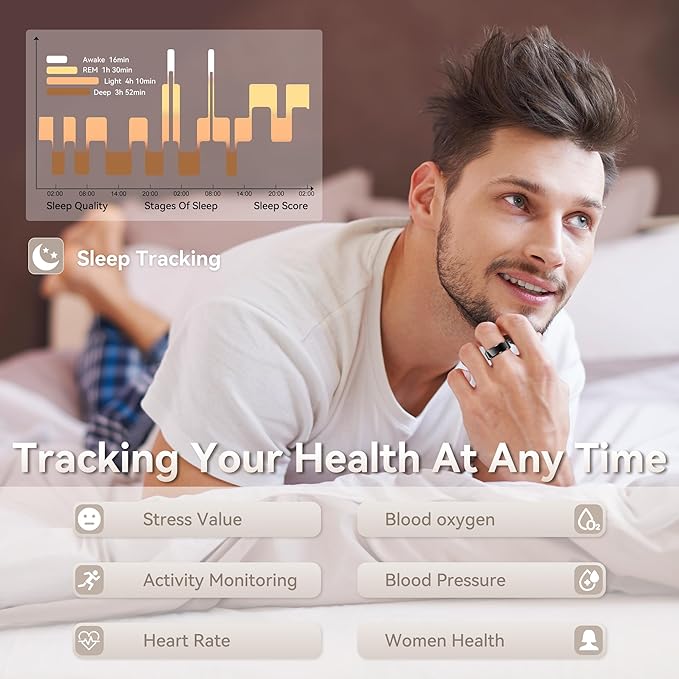 Smart Ring for Men, Fitness & Activity Tracker with Blood Pressure/Heart Rate Monitor, Sleep Tracker, Step Counter, IP68 Waterproof Ring for iOS & Android, Fast Charge, No Subscription (Black,Size10）