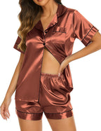 Ekouaer Silk Pajamas for Women Short Sleeve Sleepwear Soft Button Down Loungewear 2 Piece Satin Pjs Shorts Set