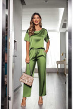 Ekouaer Womens Satin Silky Pajama Set Short Sleeve Shirt with Long Pajama Pant Set Soft PJ Loungewear