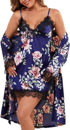 Womens Silk Lingerie Robe Nightgown 2 Piece Pajamas Set Sexy Lace V Neck Cami Satin Sleepwear