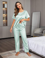 Ekouaer Womens Satin Silky Pajama Set Short Sleeve Shirt with Long Pajama Pant Set Soft PJ Loungewear