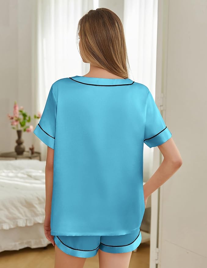 Silk Pajamas for Women Short Sleeve Satin 2 Piece Pj Set Soft V Neck Sleepwear Loungewear, S-XXL