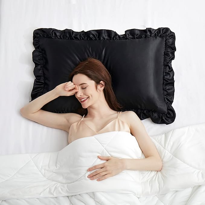 Black Satin Ruffled Pillow Cases for Hair and Skin,Black Silk Pillowcases Standard Set of 2 with Envelope Closure Princess Room Decoration