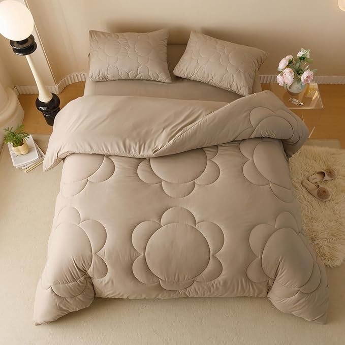 Luxlovery Cream Coffee Comforter Set Full Khaki Sunflower Bedding Comforter Mocha Coffee Bedding Comforter Set Floral Boho Farmhouse Quilted Soft Breathable Bedding Set Full Size