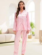 EPLAZA Silk Pajamas for Women Satin Pajamas Set 5 Pcs Long Sleeve Print Pattern Button Down Pjs Sleepwear Loungewear Set