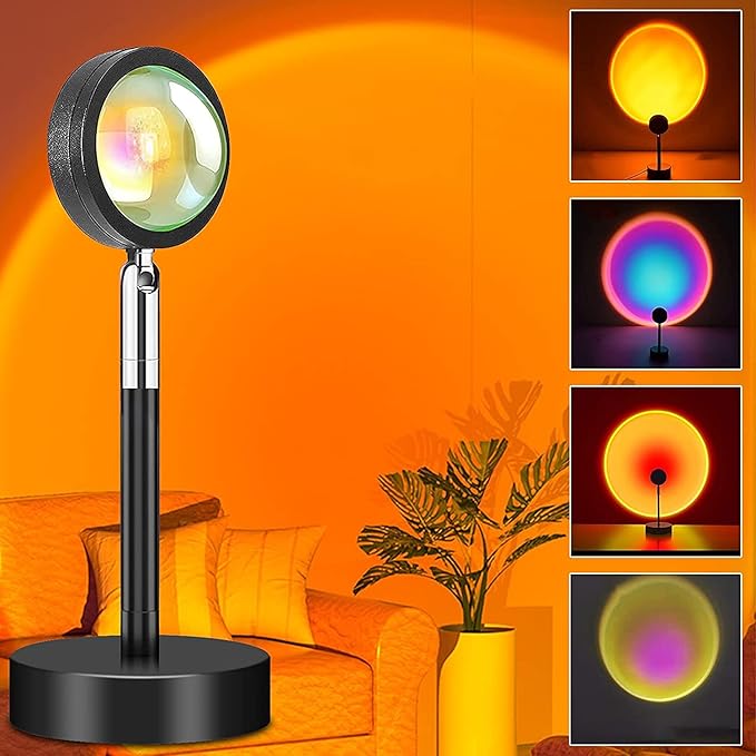 Sunset Lamp, 360° Rotation Sunset Projector Light, 6 Colors Rainbow Projection Night Light, USB LED Atmosphere Lamp for Selfie, Photography, Bedroom Decor, Living Room & Home Ambiance Lighting