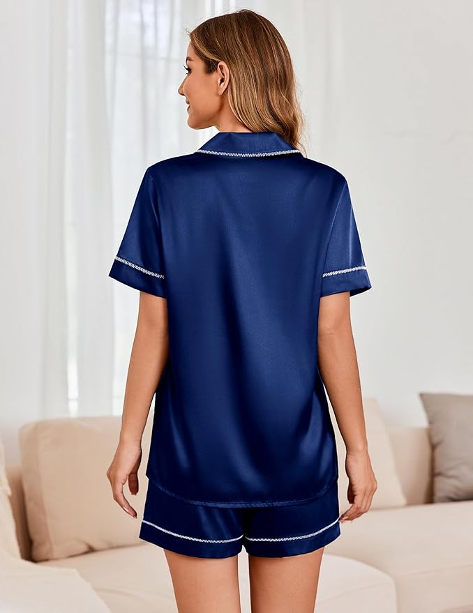 Ekouaer Womens Satin Silk Pajamas Set Short Sleeve Sleepwear Button Down Top and Shorts Loungewear 2 Piece Pjs Set S-XXL
