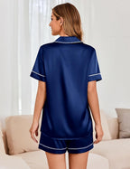 Ekouaer Womens Satin Silk Pajamas Set Short Sleeve Sleepwear Button Down Top and Shorts Loungewear 2 Piece Pjs Set S-XXL