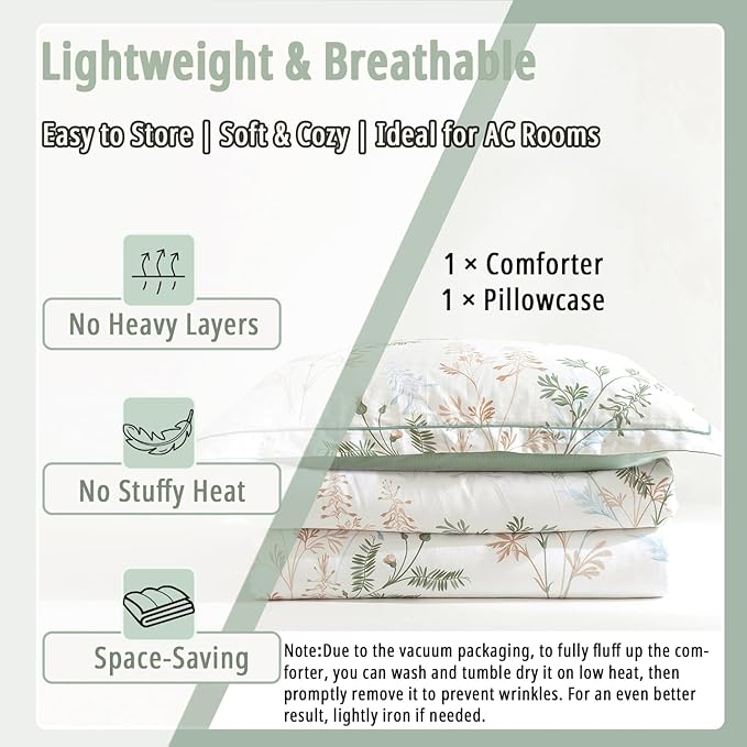 ALEISSEL Natural Cotton 2pcs Botanical Comforter Sets Twin Size-Green Comforter with Luxurious Tan & Gray Leaves on White, Reversible Lightweight Floral Bedding Sets(Twin 68"×90")
