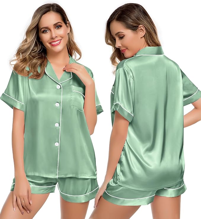 LecGee Womens Silk Satin Pajamas Short Sleeve Loungewear Two-Piece Sleepwear Button-Down Pj Set