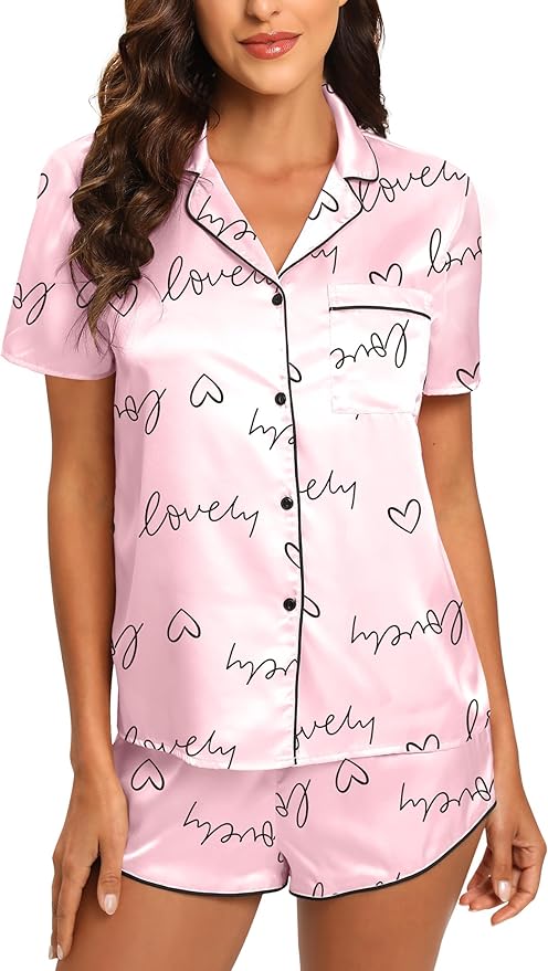 Silk Pajamas for Women Satin Womens PJ Set 2 Piece Short Lounge Set Summer Sleepwear Notch Collar Button-Down Pjs