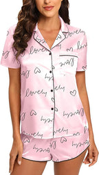 Silk Pajamas for Women Satin Womens PJ Set 2 Piece Short Lounge Set Summer Sleepwear Notch Collar Button-Down Pjs