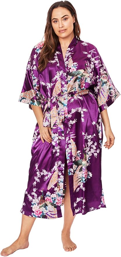 KIM+ONO Plus Size Luxury Kimono Robe for Women | Long Satin Floral Robe | Original Design | Removable Waist Tie Closure